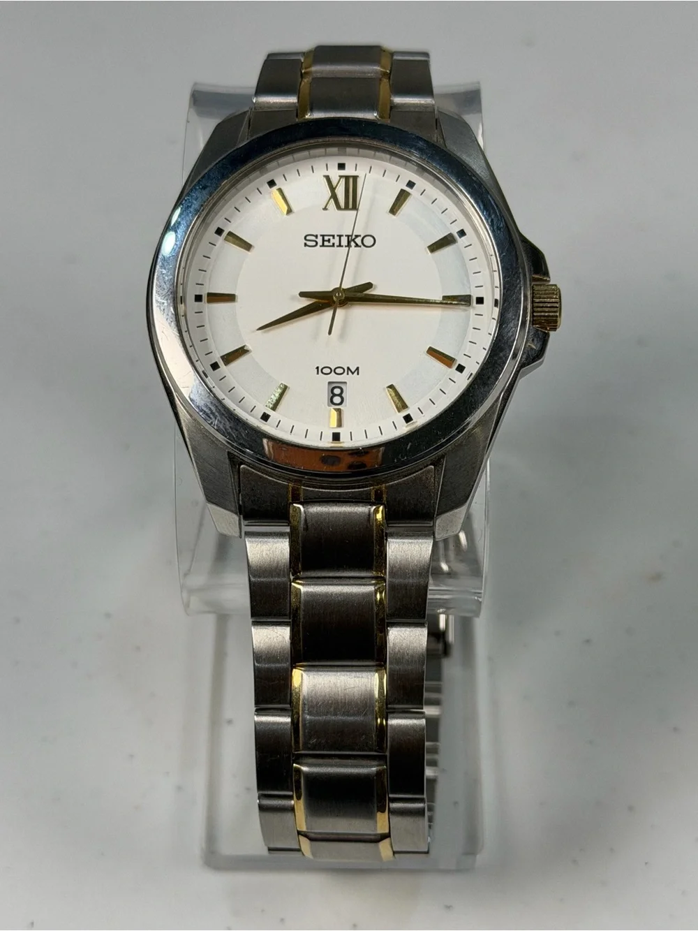 Seiko 7N42-0JF0 Men’s 100M Quartz White Dial Two Tone Japan Watch Runs